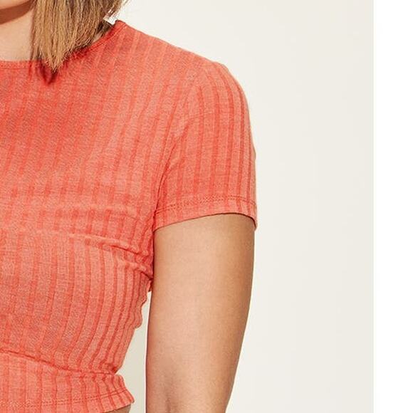 BASIC BAE Orange Ribbed Round Neck Short Sleeve Casual Cropped Tee MISSES NEW - Picture 4 of 5